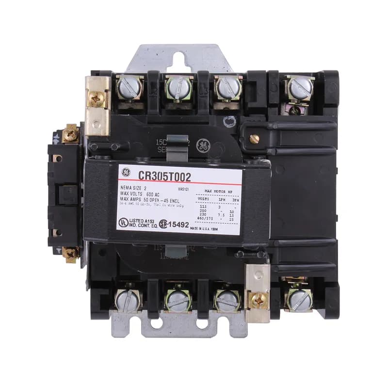 Contactors, NEMA, Full Voltage, Non-Reversing, NEMA Size: 2, Maximum Voltage: 600 VAC, Amp Rating: 50 Amp, Horsepower Rating: 7 1/2 @ 230 VAC, Coil Voltage: 115 VAC @ 60 Hz, Enclosure Type: Open Type, Dimensions: 5.44 Inch W x 6 Inch H x 5.50 Inch D, Features: Supplied with 1 Normally Open Auxiliary Contact