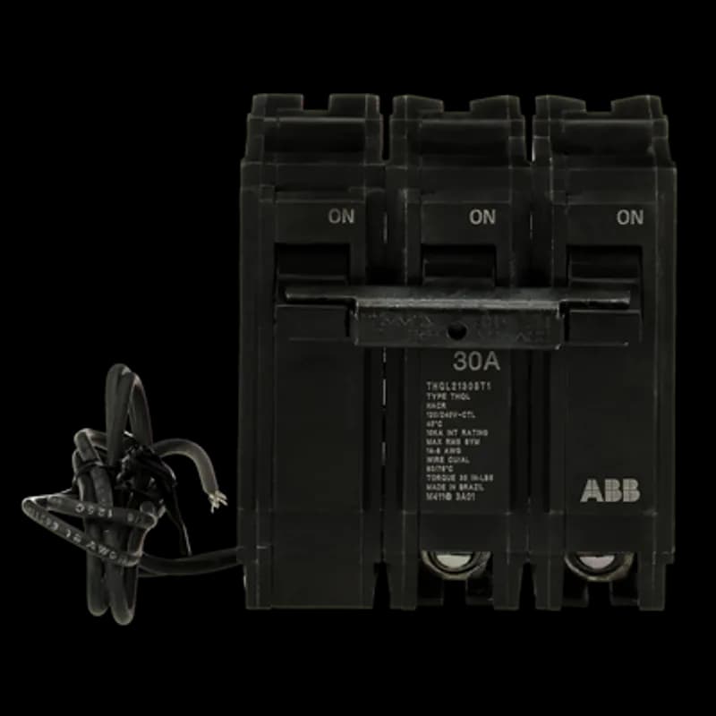 Shunt Trip breakers provide all the basic features of a standard breaker, plus they provide a connection for an external power shut off switch outside the main breaker. The THQL2130ST1 breaker features a shunt trip, 2 poles, an ampere rating of 30 A, an interrupting rating of 10kAIC, and a voltage rating of 120/240V.