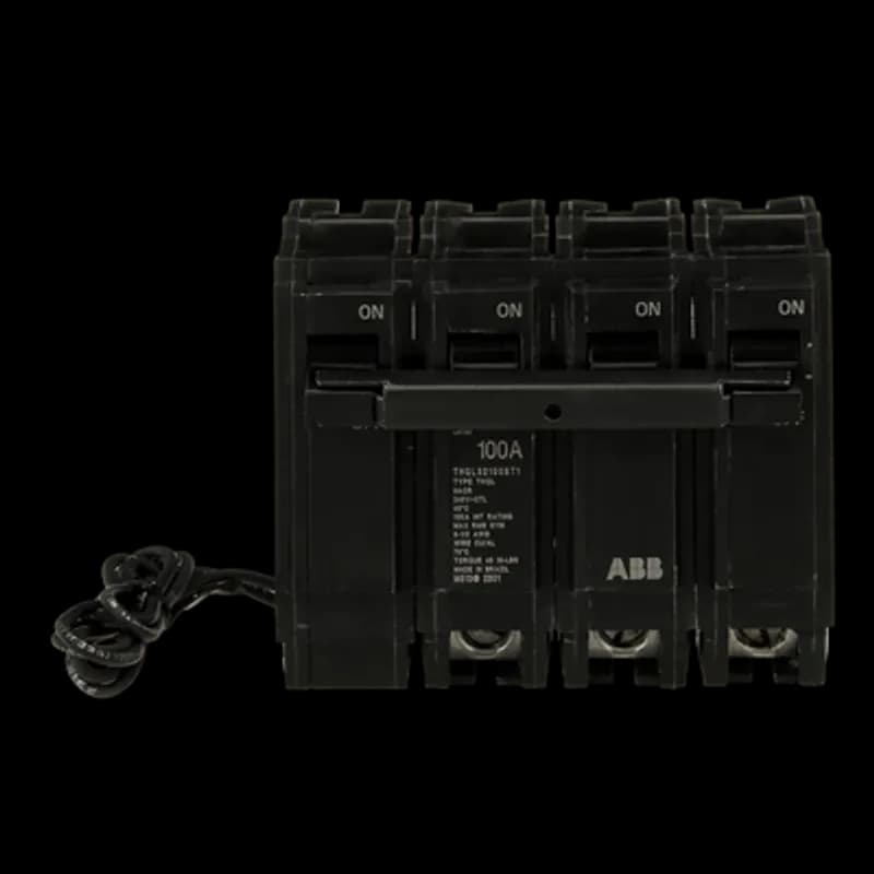 Shunt Trip breakers provide all the basic features of a standard breaker, plus they provide a connection for an external power shut off switch outside the main breaker. The THQL321000ST1 breaker features a shunt trip, 3 poles, an ampere rating of 100 A, an interrupting rating of 10kAIC, and a voltage rating of 240V.