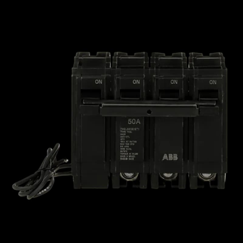 Shunt Trip breakers provide all the basic features of a standard breaker, plus they provide a connection for an external power shut off switch outside the main breaker. The THQL32050ST1 breaker features a shunt trip, 3 poles, an ampere rating of 50 A, an interrupting rating of 10kAIC, and a voltage rating of 240V.