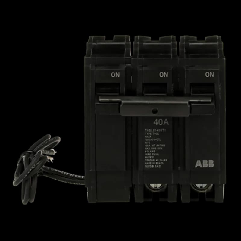 Shunt Trip breakers provide all the basic features of a standard breaker, plus they provide a connection for an external power shut off switch outside the main breaker. The THQL2140ST1 breaker features a shunt trip, 2 poles, an ampere rating of 40 A, an interrupting rating of 10kAIC, and a voltage rating of 120/240V.