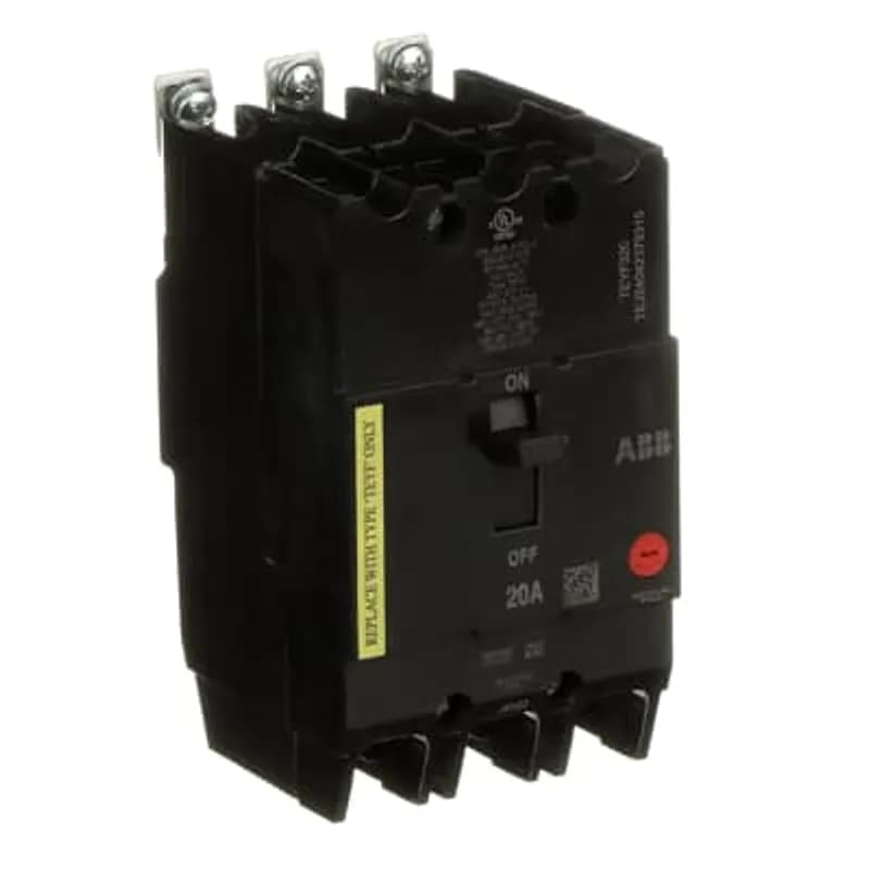 ABB - Electrification TEYF320 - The TEYF is a one-inch wide per pole, compact, "bolt-on" circuit breaker for use on grounded 480Y/277 Vac systems. The bolt-on mounting base accessory makes the TEYF suitable for varied applications as a lug-lug breaker. All TEYF circuit breakers feature Quick-make / Quick-break mechanisms, common trip bars, and easy to spot trip indication to ensure safety and reliability. TEYF breakers are available in 1, 2, and 3 pole versions and can be ordered with auxiliary contact and shunt trip accessories. TEYF 3 POLE 20 AMP