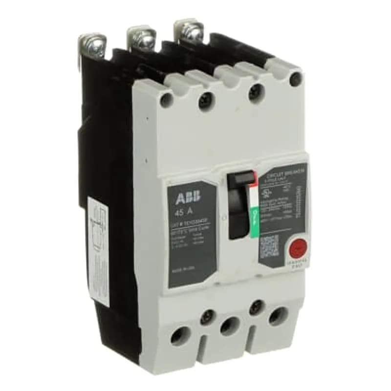 ABB - Electrification TEYD3045B - The TEY is a one-inch wide per pole, compact, "bolt-on" circuit breaker for use on grounded 480Y/277 Vac systems. The bolt-on mounting base accessory makes the TEY suitable for varied applications as a lug-lug breaker. All TEY circuit breakers feature Quick-make / Quick-break mechanisms, common trip bars, and easy to spot trip indication to ensure safety and reliability. TEYD breakers are available in 1, 2, and 3 pole versions 2&3 pole versions can be ordered with auxiliary contact, shunt trip, undervoltage release, or bell alarm accessories. 45A 3POLE 25KA 480/277 CKT BKR
