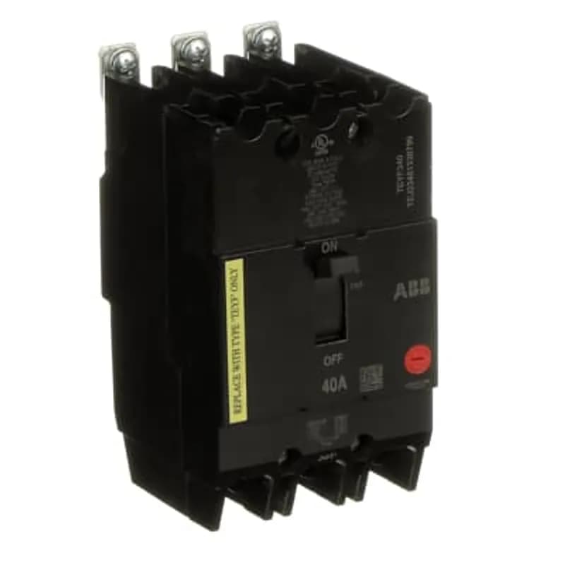 The TEyF is a one-inch wide per pole, compact, "bolt-on" circuit breaker for use on grounded 480y/277 Vac systems. The bolt-on mounting base accessory makes the TEyF suitable for varied applications as a lug-lug breaker. All TEyF circuit breakers feature Quick-make / Quick-break mechanisms, common trip bars, and easy to spot trip indication to ensure safety and reliability. TEyF breakers are available in 1, 2, and 3 pole versions and can be ordered with auxiliary contact and shunt trip accessories. TEYF 3 POLE 40 AMP