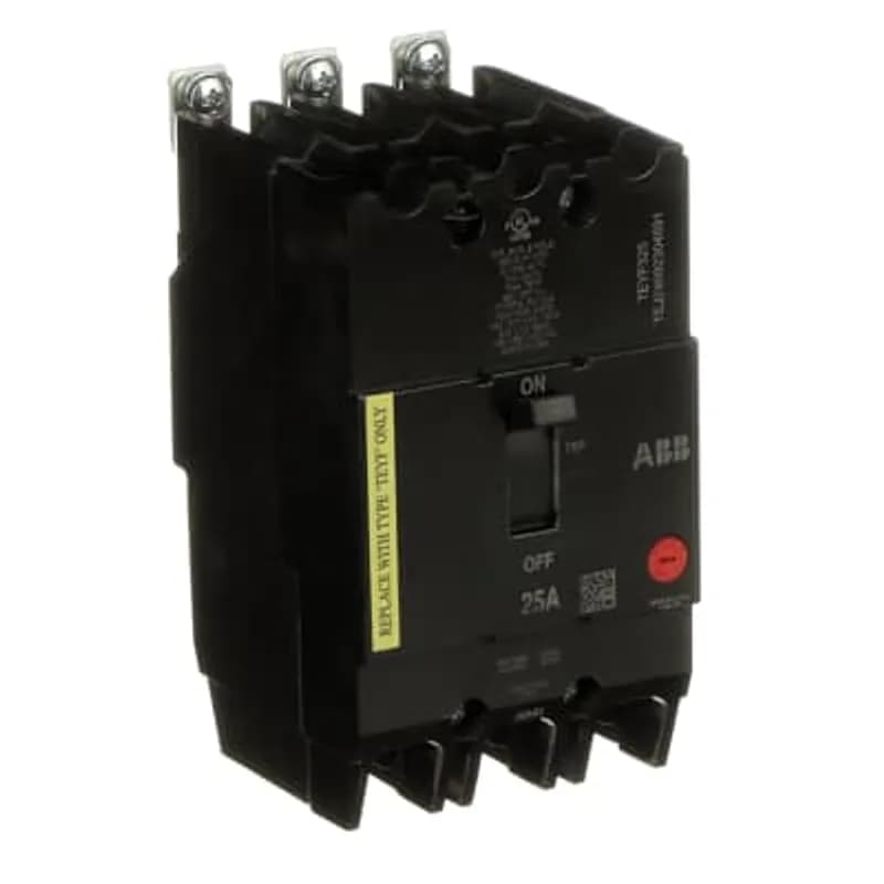 The TEyF is a one-inch wide per pole, compact, "bolt-on" circuit breaker for use on grounded 480y/277 Vac systems. The bolt-on mounting base accessory makes the TEyF suitable for varied applications as a lug-lug breaker. All TEyF circuit breakers feature Quick-make / Quick-break mechanisms, common trip bars, and easy to spot trip indication to ensure safety and reliability. TEyF breakers are available in 1, 2, and 3 pole versions and can be ordered with auxiliary contact and shunt trip accessories. TEYF 3 POLE 25 AMP
