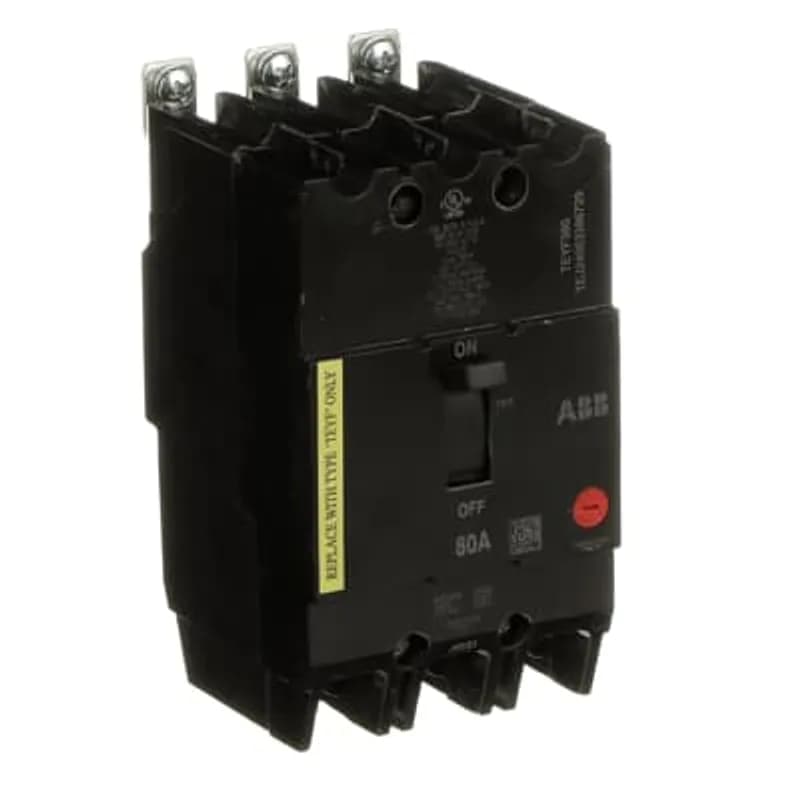 The TEyF is a one-inch wide per pole, compact, "bolt-on" circuit breaker for use on grounded 480y/277 Vac systems. The bolt-on mounting base accessory makes the TEyF suitable for varied applications as a lug-lug breaker. All TEyF circuit breakers feature Quick-make / Quick-break mechanisms, common trip bars, and easy to spot trip indication to ensure safety and reliability. TEyF breakers are available in 1, 2, and 3 pole versions and can be ordered with auxiliary contact and shunt trip accessories. TEYF 3 POLE 80 AMP