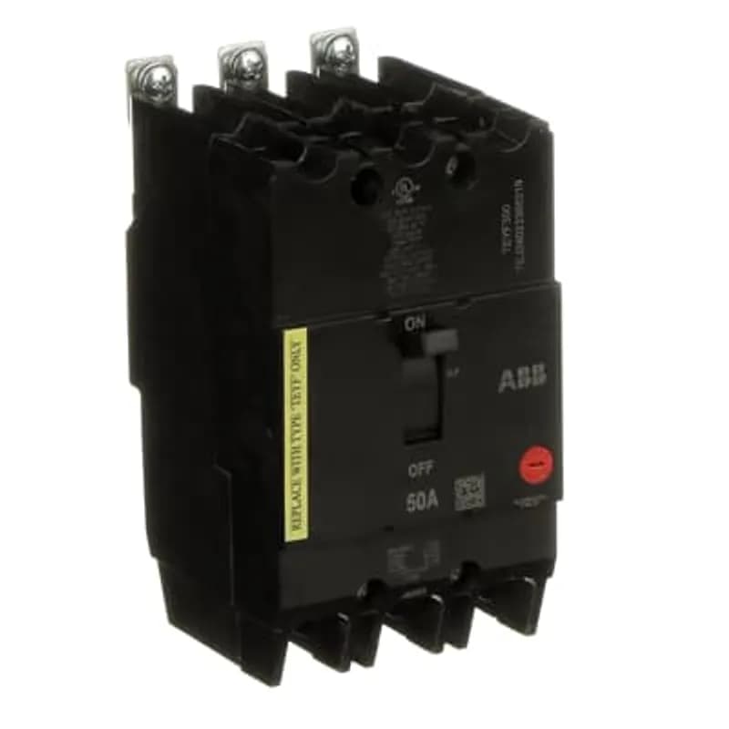 The TEYF is a one-inch wide per pole, compact, "bolt-on" circuit breaker for use on grounded 480Y/277 Vac systems. The bolt-on mounting base accessory makes the TEYF suitable for varied applications as a lug-lug breaker. All TEYF circuit breakers feature Quick-make / Quick-break mechanisms, common trip bars, and easy to spot trip indication to ensure safety and reliability. TEYF breakers are available in 1, 2, and 3 pole versions and can be ordered with auxiliary contact and shunt trip accessories. TEYF 3 POLE 50 AMP