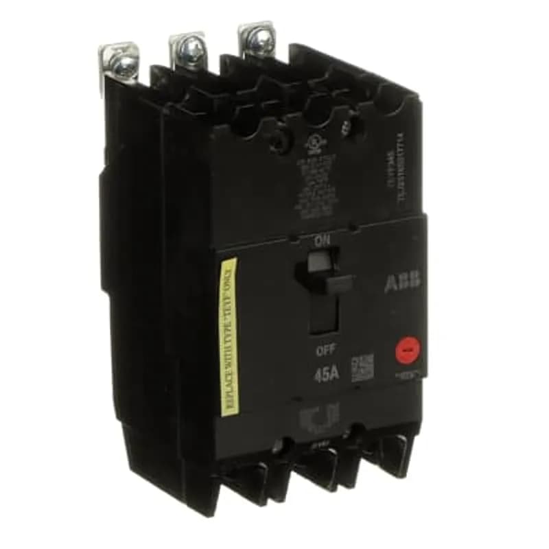 The TEYF is a one-inch wide per pole, compact, "bolt-on" circuit breaker for use on grounded 480Y/277 Vac systems. The bolt-on mounting base accessory makes the TEYF suitable for varied applications as a lug-lug breaker. All TEYF circuit breakers feature Quick-make / Quick-break mechanisms, common trip bars, and easy to spot trip indication to ensure safety and reliability. TEYF breakers are available in 1, 2, and 3 pole versions and can be ordered with auxiliary contact and shunt trip accessories. TEYF 3 POLE 45 AMP