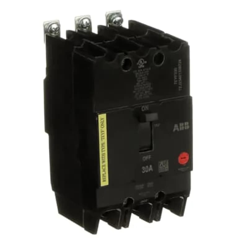 ABB - Electrification TEYF330 - The TEYF is a one-inch wide per pole, compact, "bolt-on" circuit breaker for use on grounded 480Y/277 Vac systems. The bolt-on mounting base accessory makes the TEYF suitable for varied applications as a lug-lug breaker. All TEYF circuit breakers feature Quick-make / Quick-break mechanisms, common trip bars, and easy to spot trip indication to ensure safety and reliability. TEYF breakers are available in 1, 2, and 3 pole versions and can be ordered with auxiliary contact and shunt trip accessories. TEYF 3 POLE 30 AMP