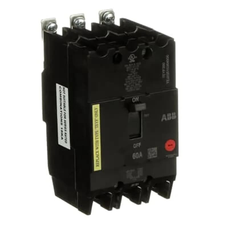 The TEYF is a one-inch wide per pole, compact, "bolt-on" circuit breaker for use on grounded 480Y/277 Vac systems. The bolt-on mounting base accessory makes the TEYF suitable for varied applications as a lug-lug breaker. All TEYF circuit breakers feature Quick-make / Quick-break mechanisms, common trip bars, and easy to spot trip indication to ensure safety and reliability. TEYF breakers are available in 1, 2, and 3 pole versions and can be ordered with auxiliary contact and shunt trip accessories. TEYF 3 POLE 60 AMP