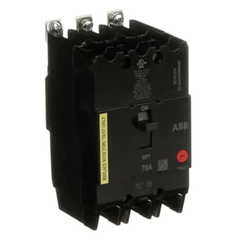 The TEYF is a one-inch wide per pole, compact, "bolt-on" circuit breaker for use on grounded 480Y/277 Vac systems. The bolt-on mounting base accessory makes the TEYF suitable for varied applications as a lug-lug breaker. All TEYF circuit breakers feature Quick-make / Quick-break mechanisms, common trip bars, and easy to spot trip indication to ensure safety and reliability. TEYF breakers are available in 1, 2, and 3 pole versions and can be ordered with auxiliary contact and shunt trip accessories. TEYF 3 POLE 70 AMP