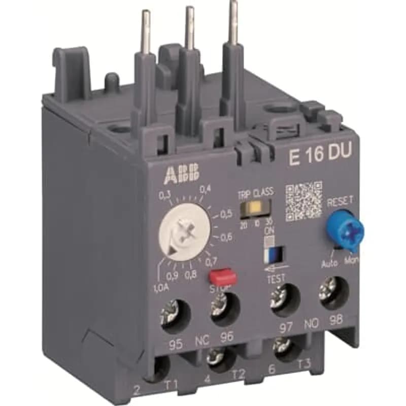 The E16DU-1.0 is an self-supplied electronic overload relay, which means no extra external supply is needed. It offers reliable and fast protection for motors in the event of overload or phase failure. Easy to use like a thermal overload relay and compatible with standard motor applications, the electronic overload relay is convincing, above all, due to its wide setting range, high accuracy, high operational temperature range and the possibility to select a trip class (10E, 20E, 30E). Further features are the temperature compensation, trip contact (NC), signal contact (NO), automatic- or manual reset selectable, trip-free mechanism, STOP- and Test function and a trip indication. The overload relays are connected directly to the contactors. Single mounting kits are available as accessory.