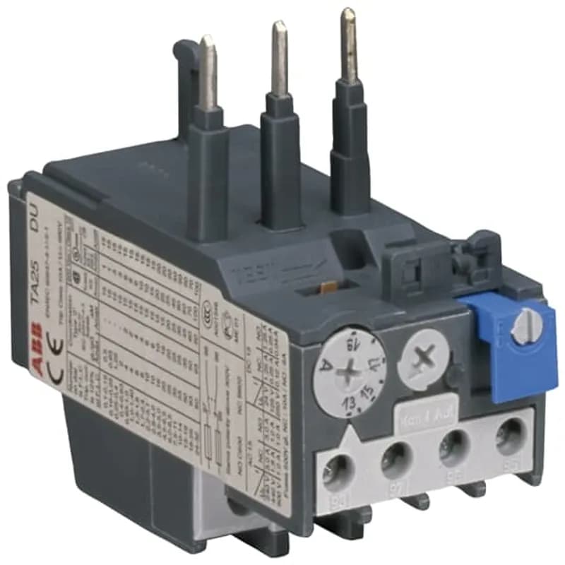 The TA25DU-1.4 thermal overload relay is an economic electromechanical protection device for the main circuit. It offers reliable and fast protection for motors in the event of overload or phase failure. The device has trip class 10A. Further features are the temperature compensation, trip contact (NC), signal contact (NO), automatic- or manual reset selectable, trip-free mechanism, STOP- and Test function and a trip indication. The overload relays are connected directly to the block contactors. Single mounting kits are available as accessory.