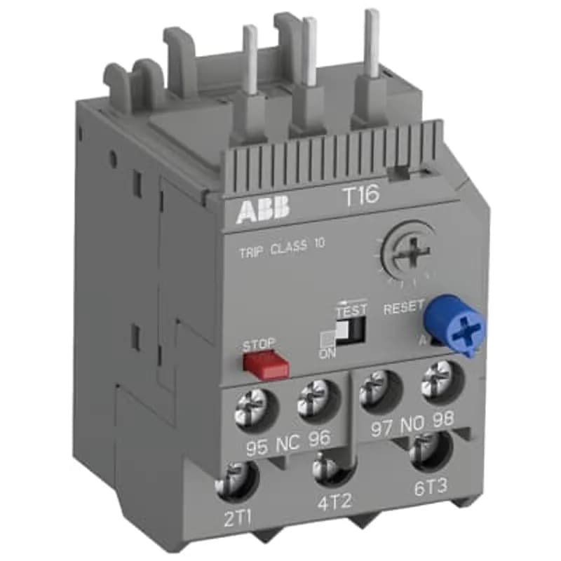 The T16-0.13 thermal overload relay is an economic electromechanical protection device for the main circuit. It offers reliable and fast protection for motors in the event of overload or phase failure. The device has trip class 10. Further features are the temperature compensation, trip contact (NC), signal contact (NO), automatic- or manual reset selectable, trip-free mechanism, STOP function and a trip indication. The overload relays are connected directly to the mini contactors or block contactors. Single mounting kits are available as accessory.
