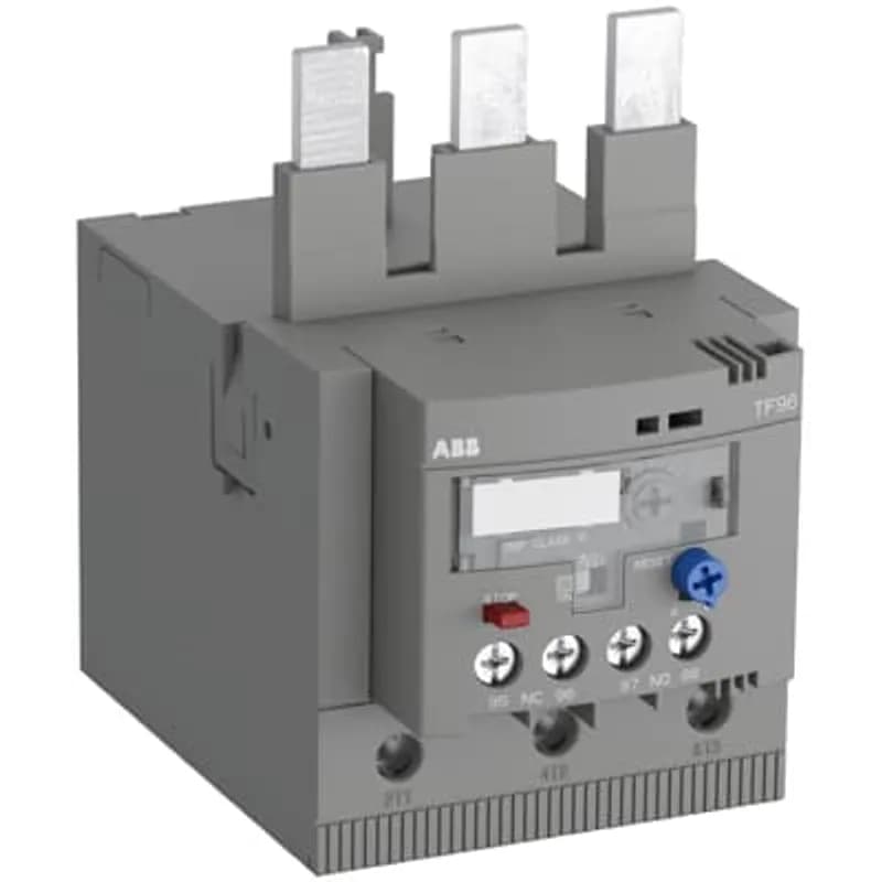 ABB - Electrification TF96-78 - The TF96-78 thermal overload relay is an economic electromechanical protection device for the main circuit. It offers reliable and fast protection for motors in the event of overload or phase failure. The device has trip class 10. Further features are the temperature compensation, trip contact (NC), signal contact (NO), automatic- or manual reset selectable, trip-free mechanism, STOP function and a trip indication. The overload relays are connected directly to the block contactors. Single mounting kits are available as accessory.