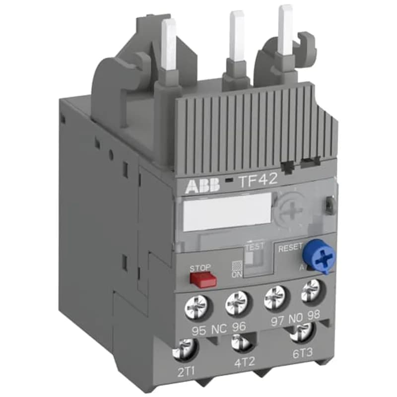 ABB - Electrification TF42-10 - The TF42-10 thermal overload relay is an economic electromechanical protection device for the main circuit. It offers reliable and fast protection for motors in the event of overload or phase failure. The device has trip class 10. Further features are the temperature compensation, trip contact (NC), signal contact (NO), automatic- or manual reset selectable, trip-free mechanism, STOP function and a trip indication. The overload relays are connected directly to the block contactors. Single mounting kits are available as accessory.