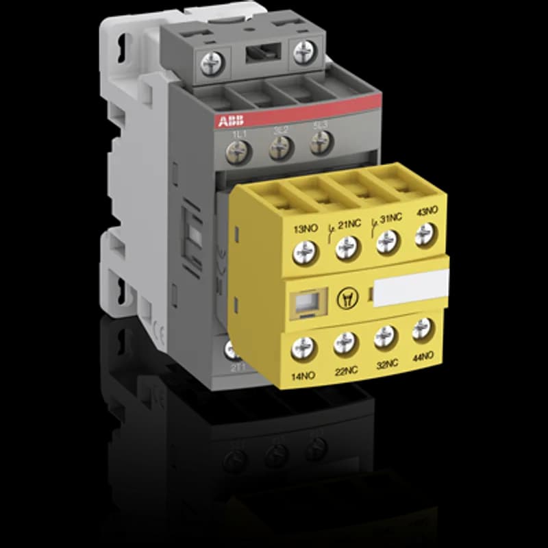 AFS09 ... AFS38 contactors are designed for machine safety applications. They are delivered with fixed front-mounted auxiliary contact blocks making them ideal for monitoring and controlling circuits. Mechanically linked and mirror contacts make your system safer. - control circuit with electronic coil interface: - 24...60 V AC, 20...60 V DC and 100...250 V AC / DC operated accepting a wide control voltage range - reduced panel energy consumption - mirror and mechanically linked contacts, with front marked symbol acc. to IEC60947-5-1, always guaranteeing the right contactor status - front-mounted auxiliary contact block: - permanently fixed - protective cover to prevent manual operation - yellow housing for easy identification - minimum switching capacity 12 V / 3 mA, with a failure rate 10-7 acc. to IEC 60947-5-4 - built-in surge suppression