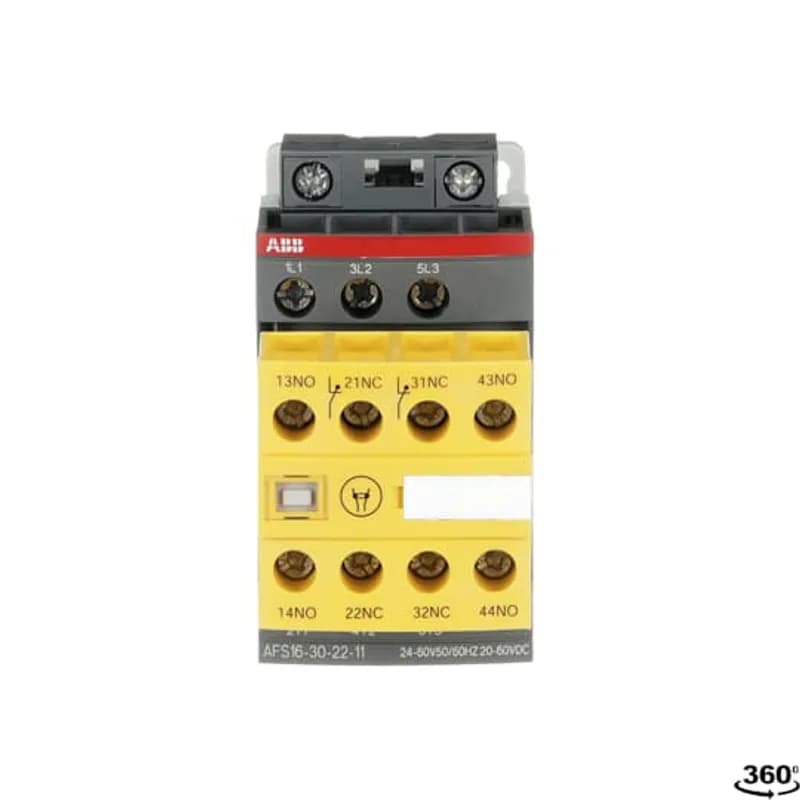 ABB - Electrification AFS16-30-22-11 - AFS09 ... AFS38 contactors are designed for machine safety applications. They are delivered with fixed front-mounted auxiliary contact blocks making them ideal for monitoring and controlling circuits. Mechanically linked and mirror contacts make your system safer. - control circuit with electronic coil interface: - 24...60 V AC, 20...60 V DC and 100...250 V AC / DC operated accepting a wide control voltage range - reduced panel energy consumption - mirror and mechanically linked contacts, with front marked symbol acc. to IEC60947-5-1, always guaranteeing the right contactor status - front-mounted auxiliary contact block: - permanently fixed - protective cover to prevent manual operation - yellow housing for easy identification - minimum switching capacity 12 V / 3 mA, with a failure rate 10-7 acc. to IEC 60947-5-4 - built-in surge suppression