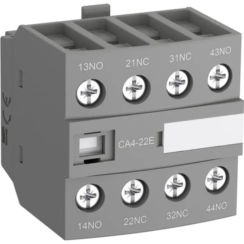 For clipping onto the right- and/or left-hand side of the contactors. The auxiliary contact blocks are equipped with screw type connecting terminals delivered open, protected against accidental direct contact and bear the corresponding function marking.