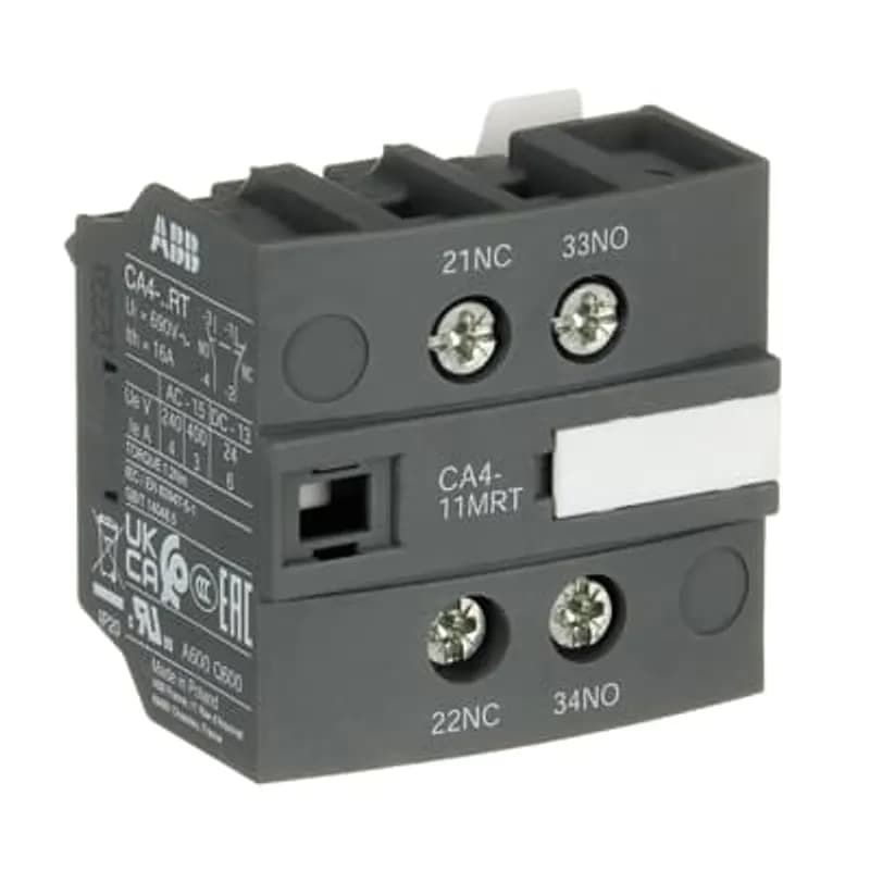 For clipping onto the right- and/or left-hand side of the contactors. The auxiliary contact blocks are equipped with screw type connecting terminals delivered open, protected against accidental direct contact and bear the corresponding function marking.