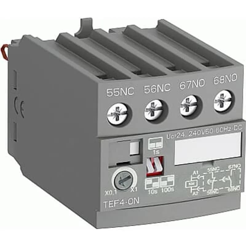 TEF4-ON or TEF4-OFF allow time-delayed functions up to 100 s in 3 distinct time ranges, independently of the control system. The time delay ranges are selected by a switch and the time delay can be adjusted by means of a rotary switch. The timing function is activated by closing or opening the device on which the timer is mounted. The OFF-delay version operates without additional control supply.
