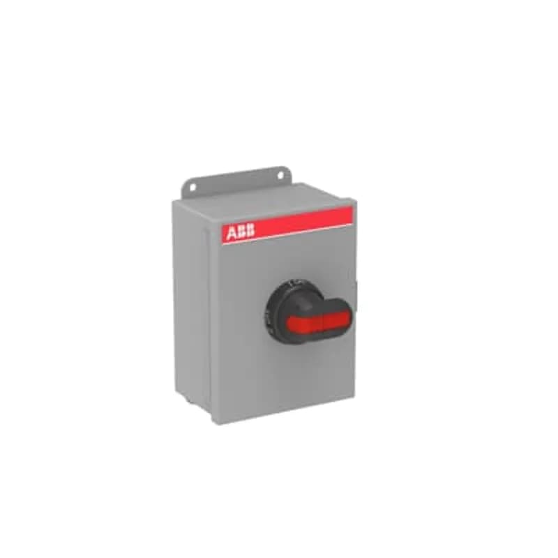 Enclosed Switch Disconnector, 3-p. Max. Horse power rating at three phase 480V 40HP. General purpose current rating 60A. Steel sheet enclosure, NEMA Type 3R Rainproof, 12 Indoor, Pistol handle. Interlocked cover. Defeatable interlocking.