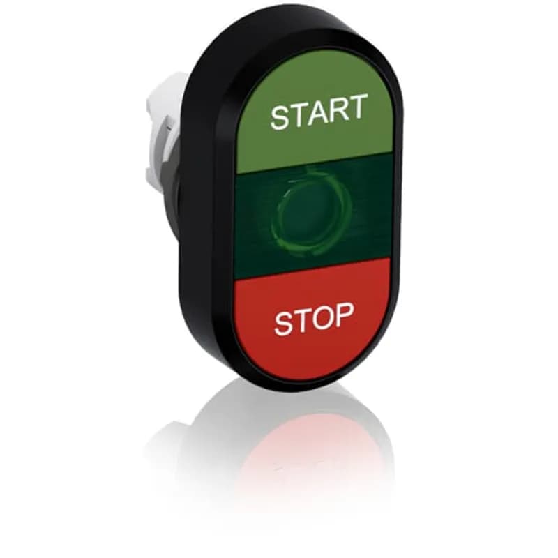 Modular Double Pushbutton - Momentary - Flush/Flush - Green/Red Actuator, Green Indicator - Illuminated - No contact block - Lower Button: STOP - Upper Button: START