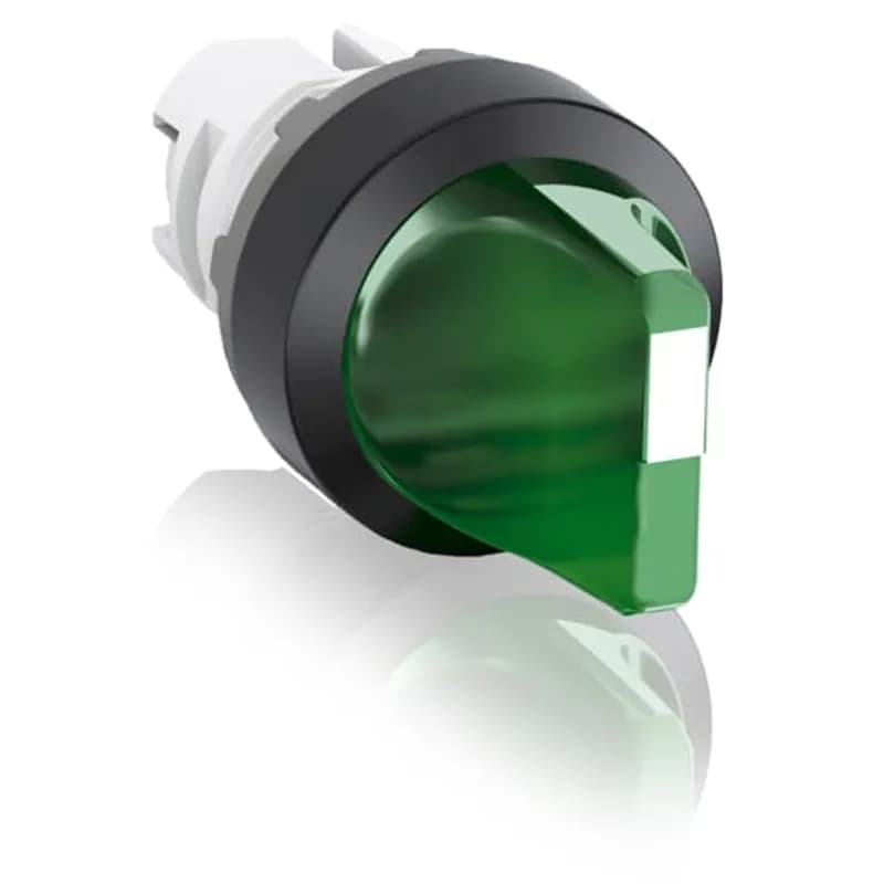 Modular Selector Switch - 3-Pos Maintained/Momentary, B and C fixed, spring return from A to B - Short handle - Green - Illuminated - Black plastic - No contact block