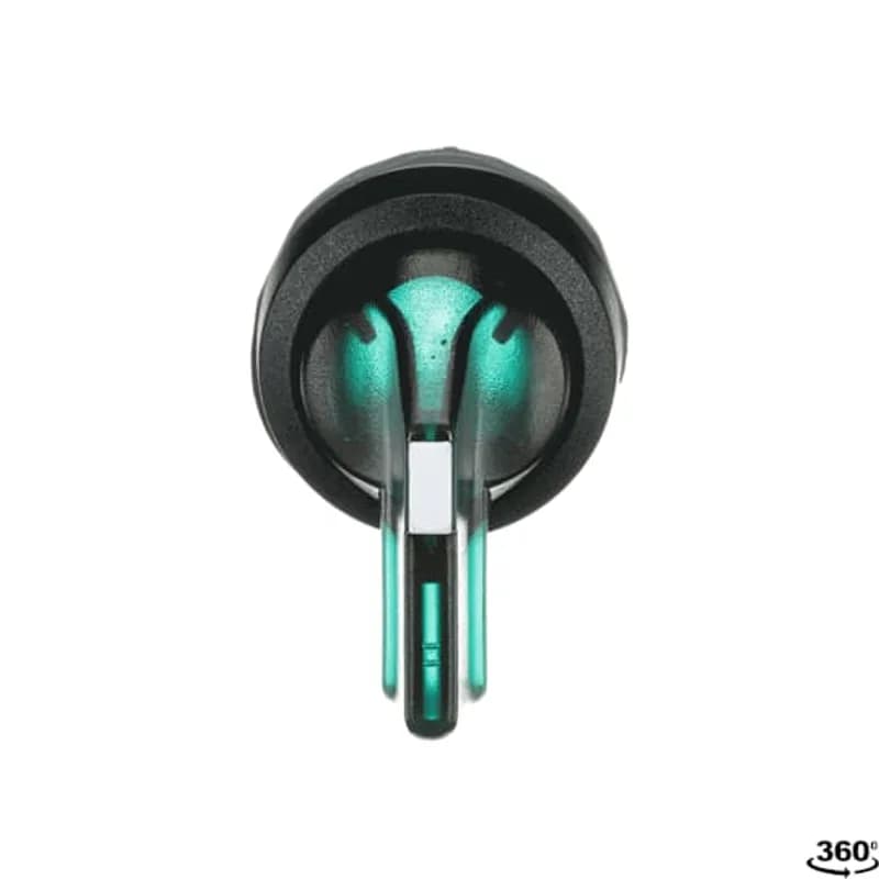 Modular Selector Switch - 3-Pos Maintained/Momentary, B and C fixed, spring return from A to B - Long handle - Green - Illuminated - Black plastic - No contact block