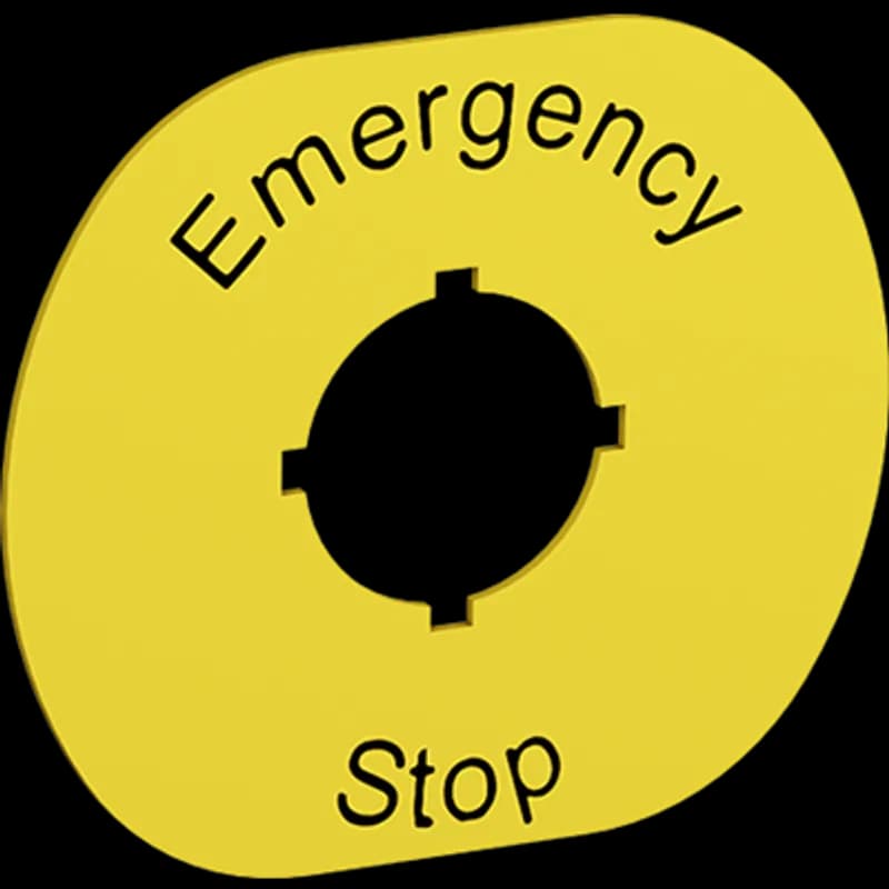 Legend plate for emergency stop for plastic MEP enclosures, yellow laminate