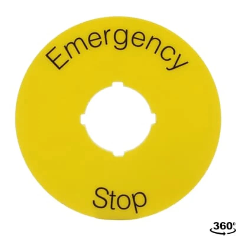 ABB - Electrification KTC151005 - 70 mm diameter legend plate for emergency stop. Black text on yellow plastic with text Emergency Stop