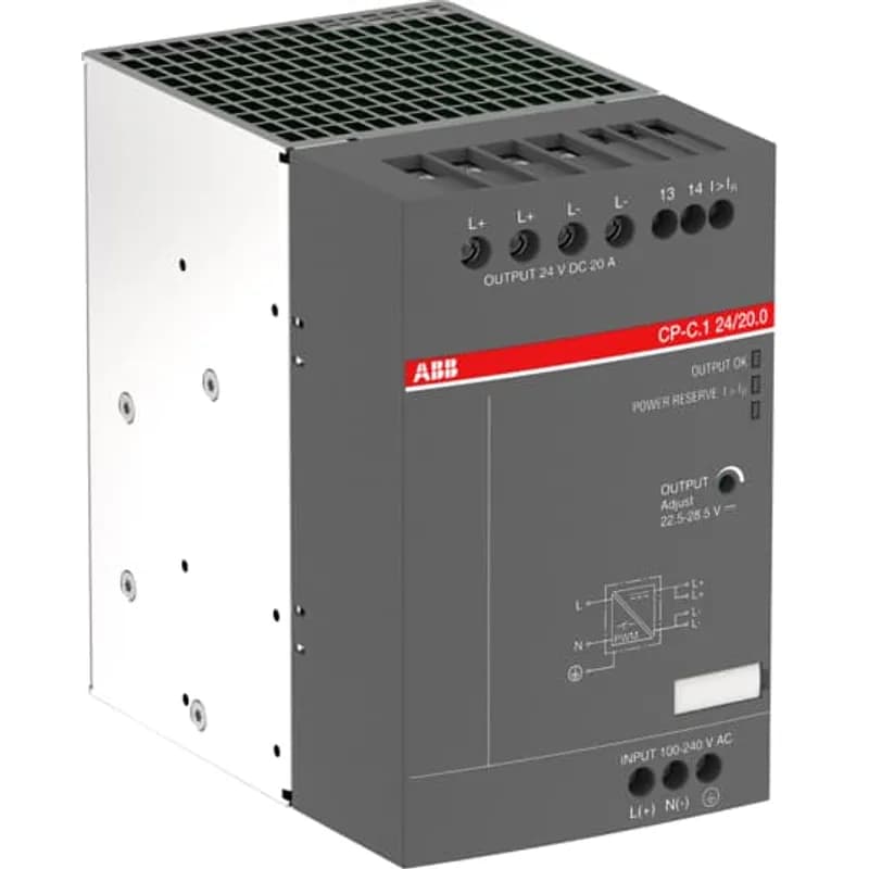The CP-C.1 24/20.0-C is a power supply from the CP-C.1 range with coated PCBA. The primary switch mode power supply offers a wide range input of 85-264 V AC and 90-300 V DC, rated input voltage is 110-240 V AC. The rated output power is 480 W, rated output current is 20 A at an output voltage of 24 V DC. The output voltage is adjustable within a range of 22.5 to 28.5 V DC. The power supply provides a U/I output characteristic with a power reserve of up to 30 % and allows parallel operation to increase capacity and to enable redundancy. Further features are: power factor correction acc. to EN 61000-3-2. Redundancy unit and buffer modules are available as accessories