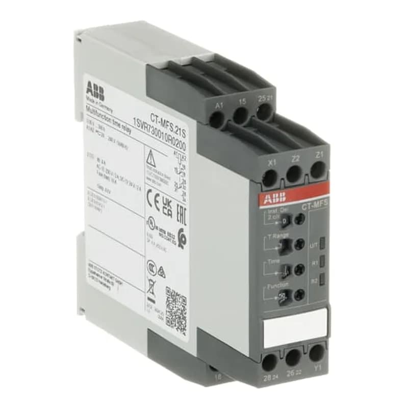 The CT-MFS.21S is a multifunction electronic time relay from the CT-S timer range. It provides 10 timing functions with 10 time ranges from 0.05 s to 300 h. This time relay operates with a rated control supply voltage of 24 - 240 V AC / DC and has a 2 c/o (SPDT) output with contacts rated at 250 V / 4 A. Two control inputs work with volt-free (floating) triggering.The CT-MFS.21S offers the possibility of connecting a remote potentiometer for the fine adjustment of the time delay. The second of the c/o contacts can be selected as an instantaneous contact. A sealable transparent cover for protection against unauthorized changes is available as accessory. The device offers screw connection technology with double-chamber cage connection terminals.