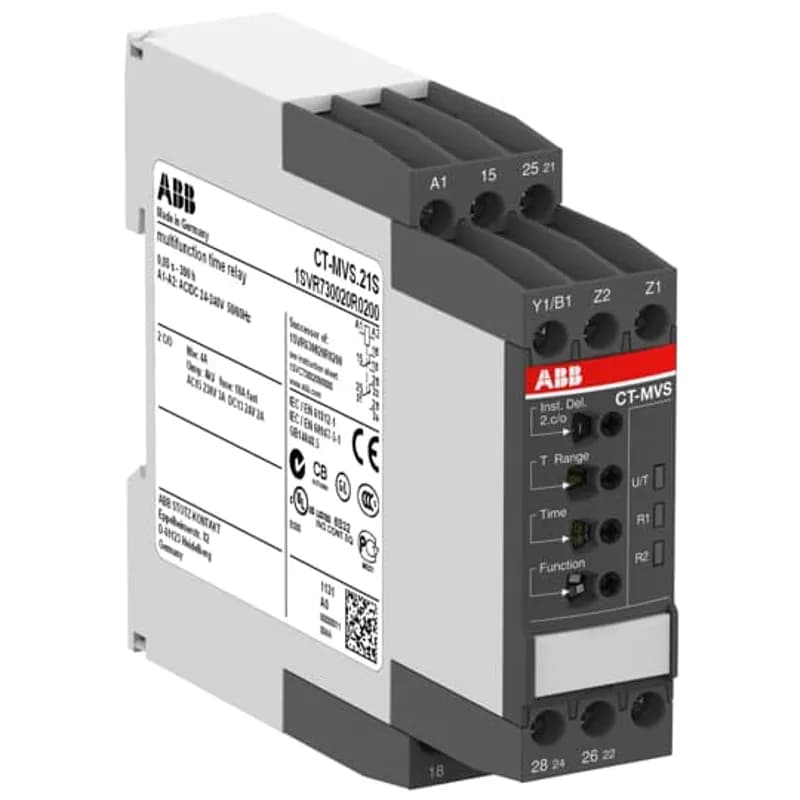 The CT-MVS.21S is a multifunction electronic time relay from the CT-S timer range. It provides 10 timing functions with 10 time ranges from 0.05 s to 300 h. This time relay operates with a rated control supply voltage of 24 - 240 V AC / DC and has a 2 c/o (SPDT) output with contacts rated at 250 V / 4 A. A control input works with voltage-related (non-floating) triggering. The CT-MVS.21S offers the possibility of connecting a remote potentiometer for the fine adjustment of the time delay. The second of the c/o contacts can be selected as an instantaneous contact. A sealable transparent cover for protection against unauthorized changes is available as accessory. The device offers screw connection technology with double-chamber cage connection terminals.