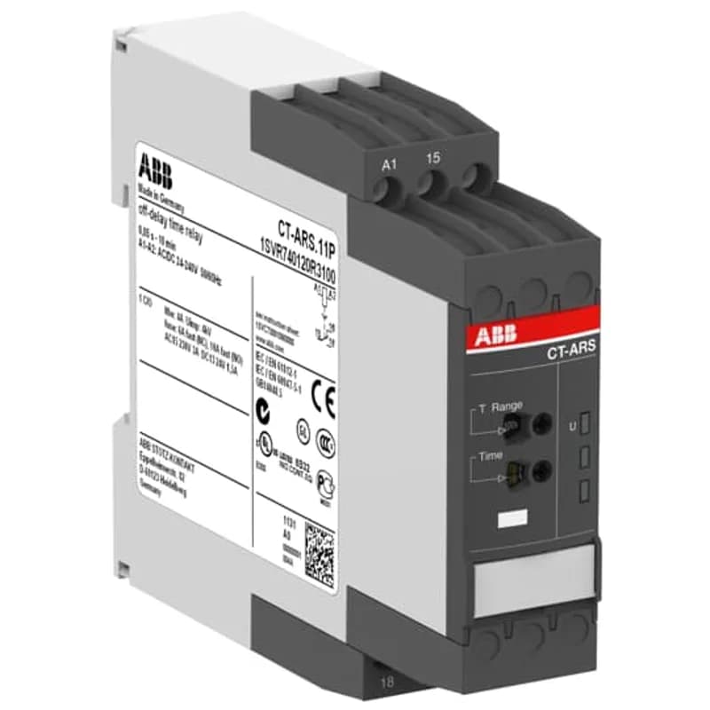 The CT-ARS.11P is a single-function electronic time relay from the CT-S timer range. It provides an OFF-delay (true delay on break) function without auxiliary voltage and with 10 time ranges from 0.05 s to 300 h. This time relay operates with a rated control supply voltage of 24 - 240 V AC / DC and has a 1 c/o (SPDT) output rated at 250 V / 4 A. A sealable transparent cover for protection against unauthorized changes is available as accessory. The device offers maintenance free Easy Connect Technology with push-in terminals.