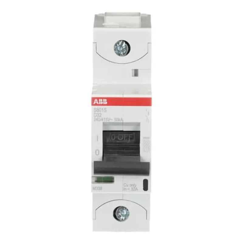 The S801S-D32 is a 1-pole High Performance Circuit breaker with D-Dharacteristic, with cage terminal and a rated current of 32 A. It is a current limiting device with a maximum breaking capacity of 50kA at 240/415V. It can be used for voltages up to 400/690V and in DC as well. It has two different tripping mechanisms, the thermal tripping mechanism for overload protection and the electromechanic tripping mechanism for short circuit protection. The S801S-D32 complies with IEC/EN 60898-1 and IEC/EN 60947-2 and allows the use for residential, commercial and industrial applications. It has numerous of approvals, therefore it can be used worldwide. The extensive range of accessory makes the use of S801S-D32 more comfortable. Due to the fast arc extinction of S801S-D32 your application will be secured.