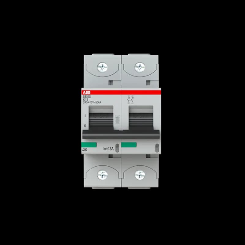 The S802S-K13 is a 2-pole High Performance Circuit breaker with K-Characteristic, with cage terminal and a rated current of 6 A. It is a current limiting device with a maximum breaking capacity of 50kA at 240/415V. It can be used for voltages up to 400/690V and in DC as well. It has two different tripping mechanisms, the thermal tripping mechanism for overload protection and the electromechanic tripping mechanism for short circuit protection. The S802S-K13 complies with IEC/EN 60898-1 and IEC/EN 60947-2 and allows the use for residential, commercial and industrial applications. It has numerous of approvals, therefore it can be used worldwide. The extensive range of accessory makes the use of S802S-K13 more comfortable. Due to the fast arc extinction of S802S-K13 your application will be secured.