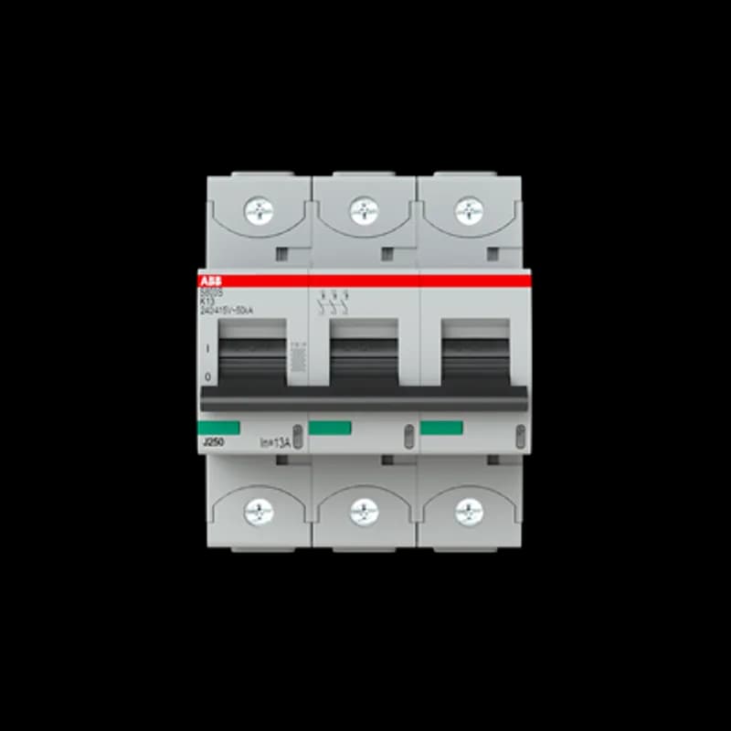 The S803S-K13 is a 3-pole High Performance Circuit breaker with K-Characteristic, with cage terminal and a rated current of 6 A. It is a current limiting device with a maximum breaking capacity of 50kA at 240/415V. It can be used for voltages up to 400/690V and in DC as well. It has two different tripping mechanisms, the thermal tripping mechanism for overload protection and the electromechanic tripping mechanism for short circuit protection. The S803S-K13 complies with IEC/EN 60898-1 and IEC/EN 60947-2 and allows the use for residential, commercial and industrial applications. It has numerous of approvals, therefore it can be used worldwide. The extensive range of accessory makes the use of S803S-K13 more comfortable. Due to the fast arc extinction of S803S-K13 your application will be secured.