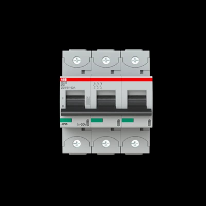 ABB - Electrification S803S-K50 - The S803S-K50 is a 3-pole High Performance Circuit breaker with K-Characteristic, with cage terminal and a rated current of 50 A. It is a current limiting device with a maximum breaking capacity of 50kA at 240/415V. It can be used for voltages up to 400/690V and in DC as well. It has two different tripping mechanisms, the thermal tripping mechanism for overload protection and the electromechanic tripping mechanism for short circuit protection. The S803S-K50 complies with IEC/EN 60898-1 and IEC/EN 60947-2 and allows the use for residential, commercial and industrial applications. It has numerous of approvals, therefore it can be used worldwide. The extensive range of accessory makes the use of S803S-K50 more comfortable. Due to the fast arc extinction of S803S-K50 your application will be secured.