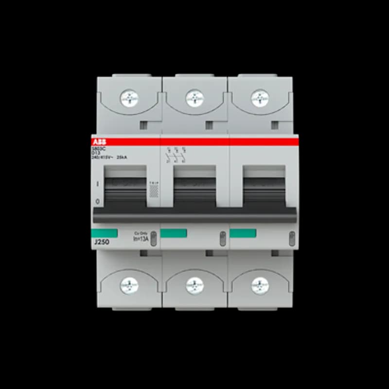 The S803C-D13 is a 3-pole High Performance Circuit breaker with D-Characteristic, with cage terminal and a rated current of 6 A. It is a current limiting device with a maximum breaking capacity of 25kA at 240/415V. It can be used for voltages up to 254/440V and in DC as well. It has two different tripping mechanisms, the thermal tripping mechanism for overload protection and the electromechanic tripping mechanism for short circuit protection. The S803C-D13 complies with IEC/EN 60898-1 and IEC/EN 60947-2 and allows the use for residential, commercial and industrial applications. It has numerous of approvals, therefore it can be used worldwide. The extensive range of accessory makes the use of S803C-D13 more comfortable. Due to the fast arc extinction of S803C-D13 your application will be secured.