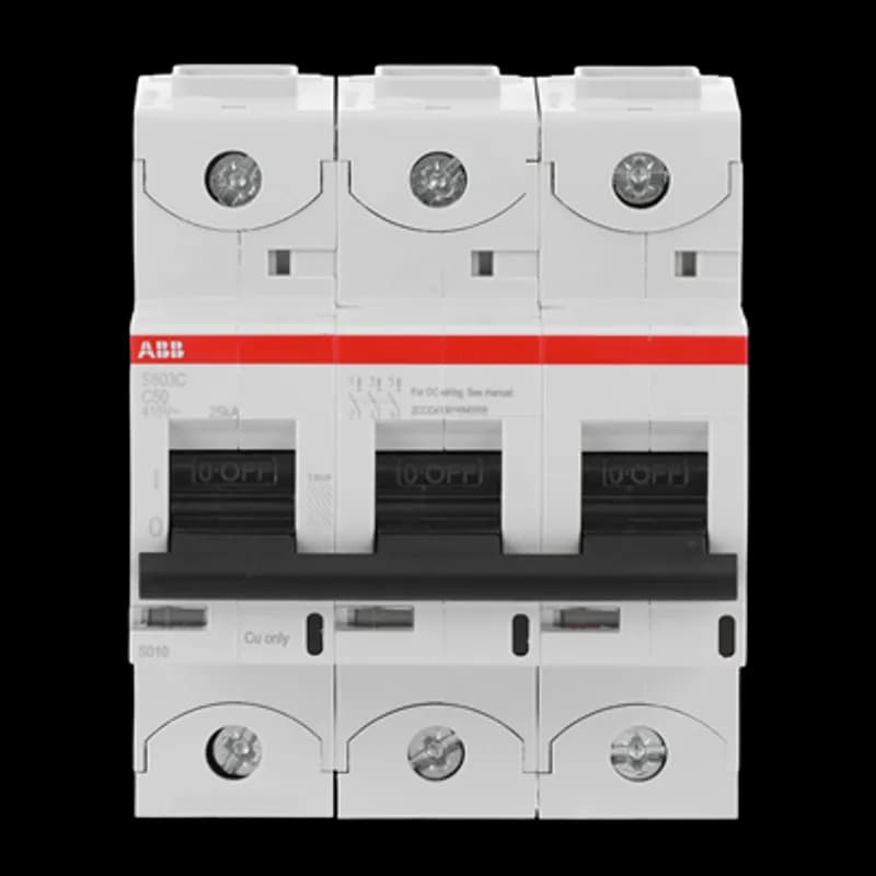 ABB - Electrification S803C-C50 - The S803C-C50 is a 3-pole High Performance Circuit breaker with C-characteristic, with cage terminal and a rated current of 50 A. It is a current limiting device with a maximum breaking capacity of 25kA at 240/415V. It can be used for voltages up to 254/440V and in DC as well. It has two different tripping mechanisms, the thermal tripping mechanism for overload protection and the electromechanic tripping mechanism for short circuit protection. The S803C-C50 complies with IEC/EN 60898-1 and IEC/EN 60947-2 and allows the use for residential, commercial and industrial applications. It has numerous of approvals, therefore it can be used worldwide. The extensive range of accessory makes the use of S803C-C50 more comfortable. Due to the fast arc extinction of S803C-C50 your application will be secured.
