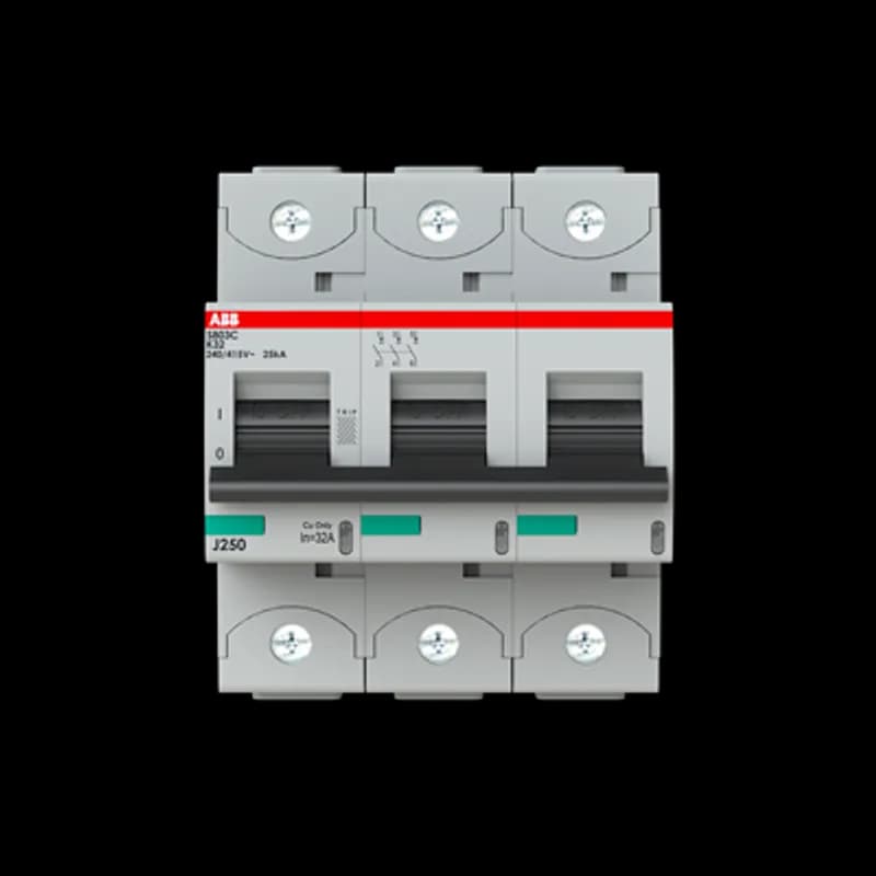 The S803C-K32 is a 3-pole High Performance Circuit breaker with K-Characteristic, with cage terminal and a rated current of 32 A. It is a current limiting device with a maximum breaking capacity of 25kA at 240/415V. It can be used for voltages up to 254/440V and in DC as well. It has two different tripping mechanisms, the thermal tripping mechanism for overload protection and the electromechanic tripping mechanism for short circuit protection. The S803C-K32 complies with IEC/EN 60898-1 and IEC/EN 60947-2 and allows the use for residential, commercial and industrial applications. It has numerous of approvals, therefore it can be used worldwide. The extensive range of accessory makes the use of S803C-K32 more comfortable. Due to the fast arc extinction of S803C-K32 your application will be secured.