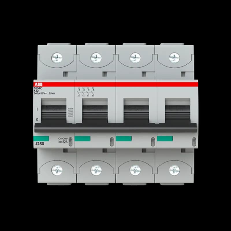 The S804C-K32 is a 4-pole High Performance Circuit breaker with K-Characteristic, with cage terminal and a rated current of 32 A. It is a current limiting device with a maximum breaking capacity of 25kA at 240/415V. It can be used for voltages up to 254/440V and in DC as well. It has two different tripping mechanisms, the thermal tripping mechanism for overload protection and the electromechanic tripping mechanism for short circuit protection. The S804C-K32 complies with IEC/EN 60898-1 and IEC/EN 60947-2 and allows the use for residential, commercial and industrial applications. It has numerous of approvals, therefore it can be used worldwide. The extensive range of accessory makes the use of S804C-K32 more comfortable. Due to the fast arc extinction of S804C-K32 your application will be secured.