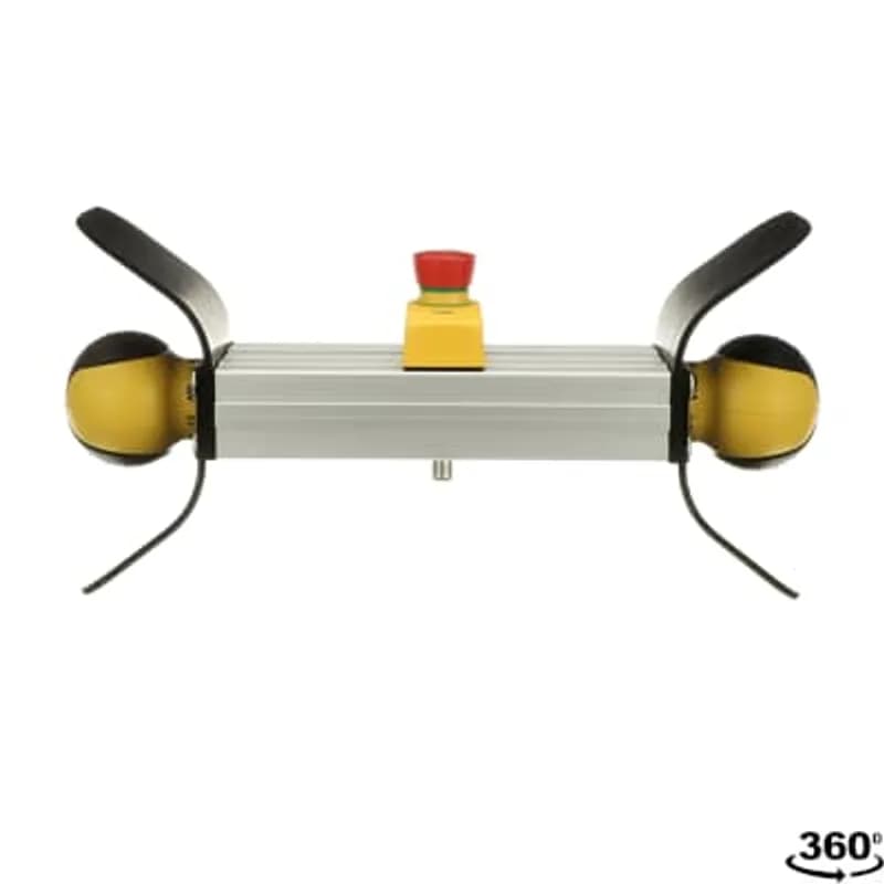 Two-hand device with two JSTD1-B Safeballs and one emergency stop button Smile 10 EK. Each Safeball is mounted on a side of a 44x88 extruded aluminum profile designed for two-hand applications. The Smile 10 EK emergency stop button is mounted on top. Safeballs and Smile are pre-wired to a M12-8 male connector. The safeballs have protective flanges.