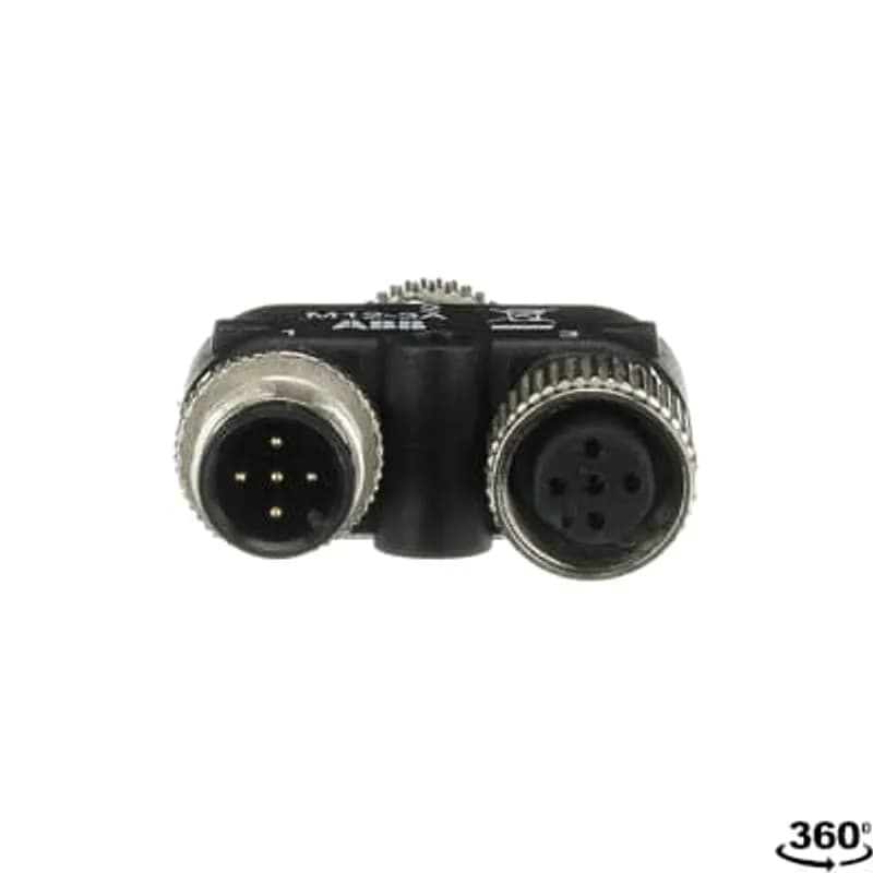 M12 Y-connector for series connection of DYNlink devices such as Eden sensors, Smile Tina and Inca Tina emergency stop buttons, Spot single beam, and Tina adapters. One M12-5 female connector (#2) for connection of the safety device, one M12-5 male connector (#1) for connection of +24VDC, 0V and the incoming dynamic signal and one M12-5 female connector (#3) for continuation of the circuit towards another safety device or Vital/Pluto safety PLC.