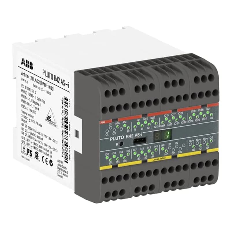 Safety PLC with AS-i bus and Pluto safety bus. Totally 42 I/O: 20 failsafe inputs + 16 non-failsafe outputs/failsafe inputs + 4 individually failsafe relay outputs + 2 individually failsafe transistor outputs.