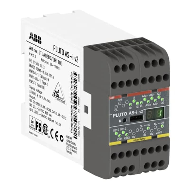 ABB - Electrification 2TLA020070R1100 - Safety PLC with AS-i bus and Pluto safety bus. Totally 12 I/O: 4 failsafe inputs + 4 non-failsafe outputs/failsafe inputs + 2 individual failsafe relay outputs + 2 individual failsafe transistor outputs.