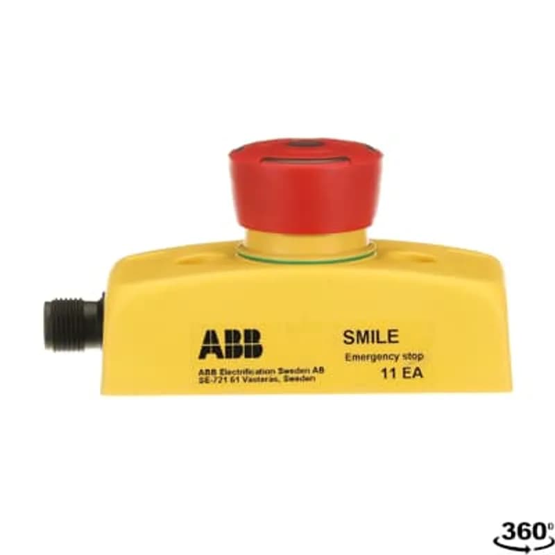 Emergency stop button in Smile enclosure, 2 x NC, Status LED in button, 1 x M12-5 male connector.