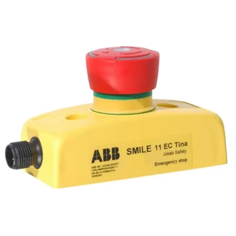 Emergency stop in Smile enclosure, Tina adaptation unit included for dynamic ciruit with StatusBus functionality, Status LED in button, 1 x M12-5 male connector.