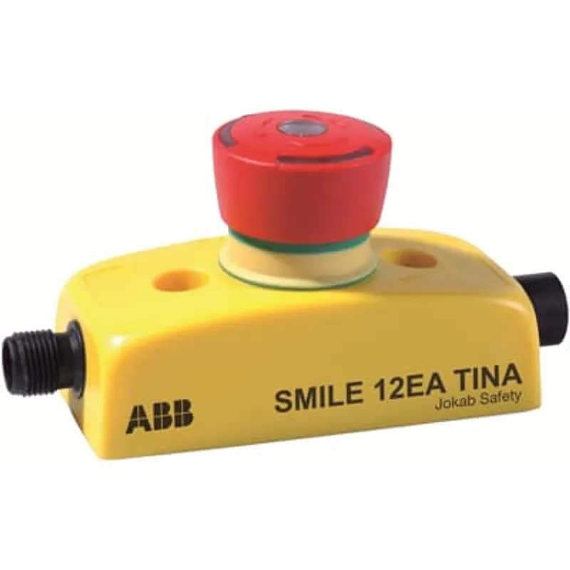 Emergency stop button in Smile enclosure, Tina adaptation unit to DYNlink included, Status LED in button, 1 x M12-5 male connector and 1 x M12-5 female connector.
